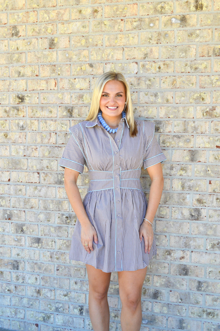 Brown Stripe Poplin Button Shirt Dress