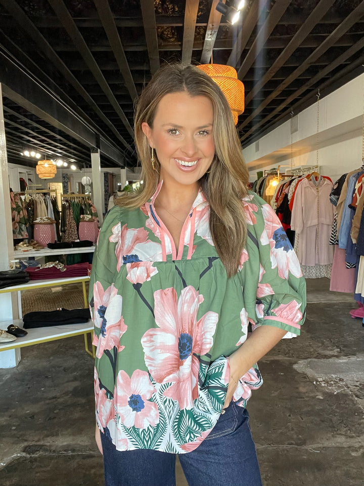 Olive Bloom Collared Puff Sleeve Top