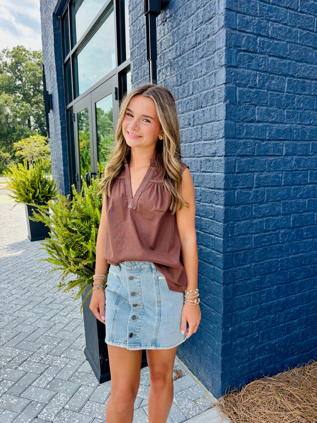 Brown Stitch Detail Top
