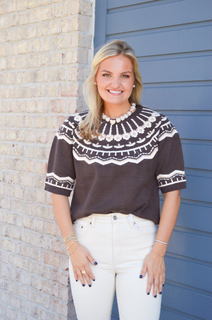 Brown Patterned Short Sleeve Sweater