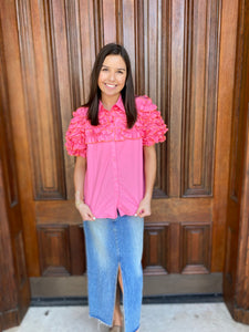 Pink Ruffle Button Up