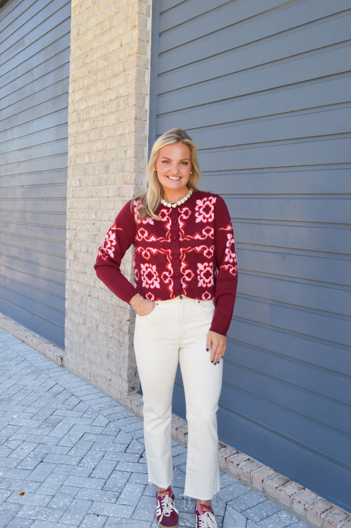 Burgandy Printed Cardigan