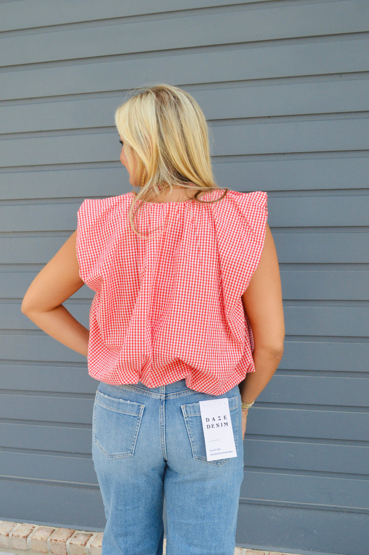 Poplin V-Neck Gingham Sleeveless Top