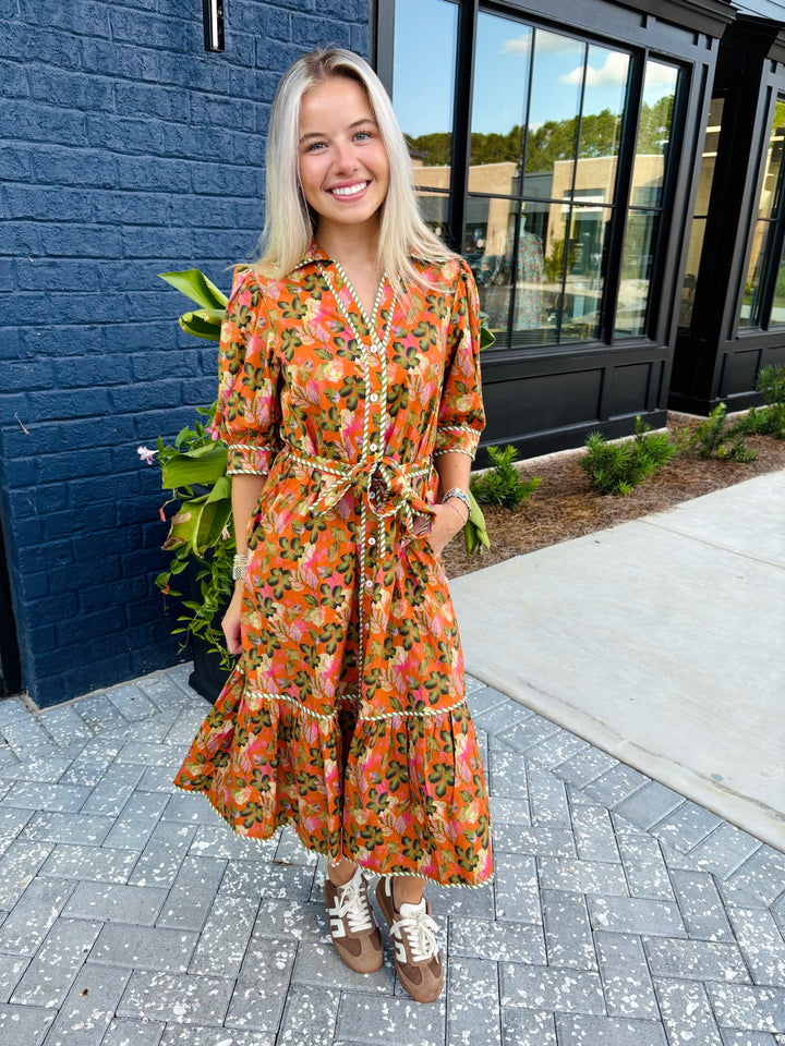 Puff Sleeve Print Midi Dress