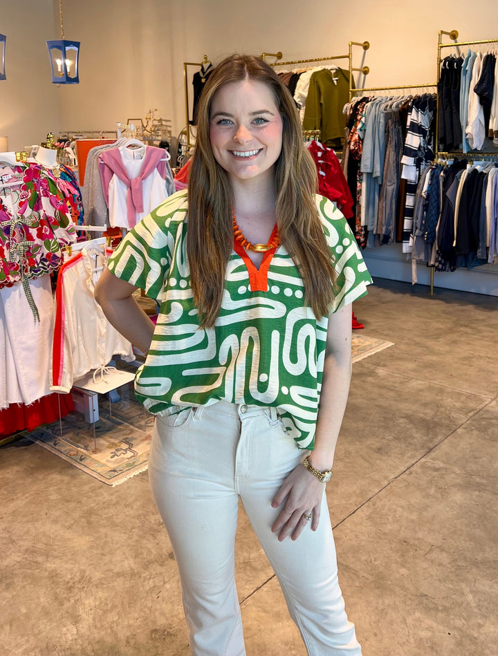 Green Patterned V-Neck Top