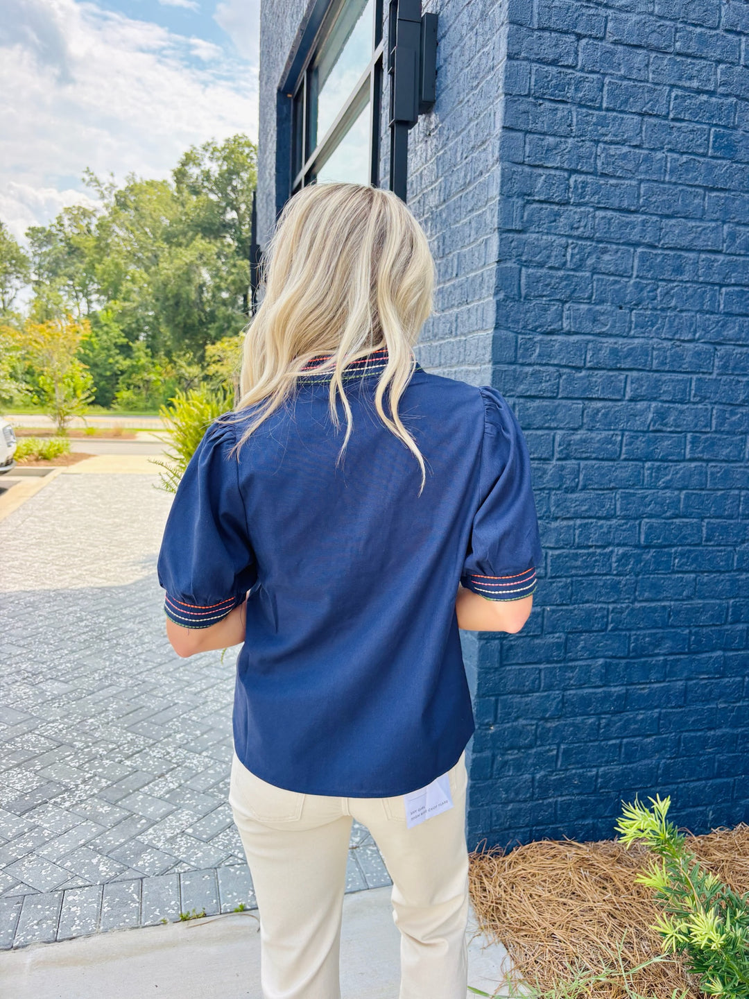 Navy Embroidered Sleeve Top