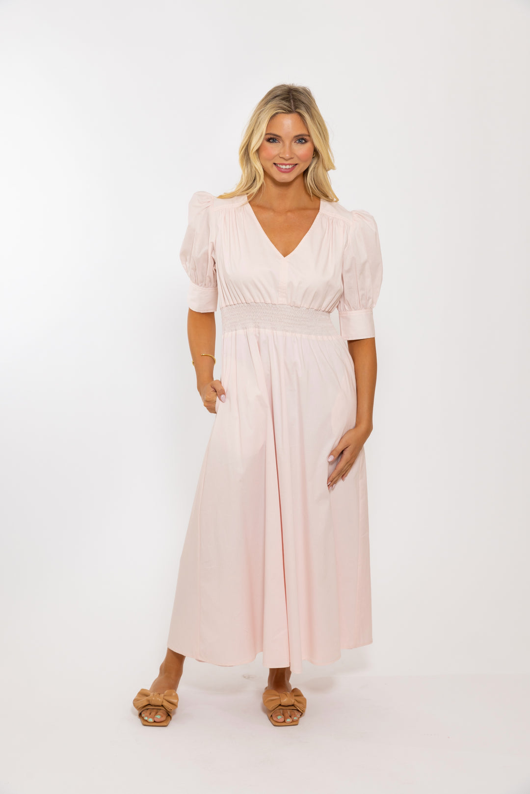 Blush Poplin V-Neck Maxi Dress