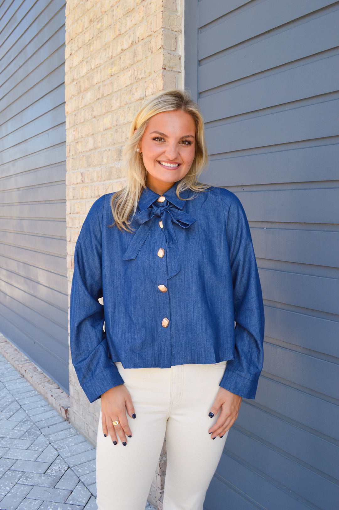 Denim Tie Neck Top