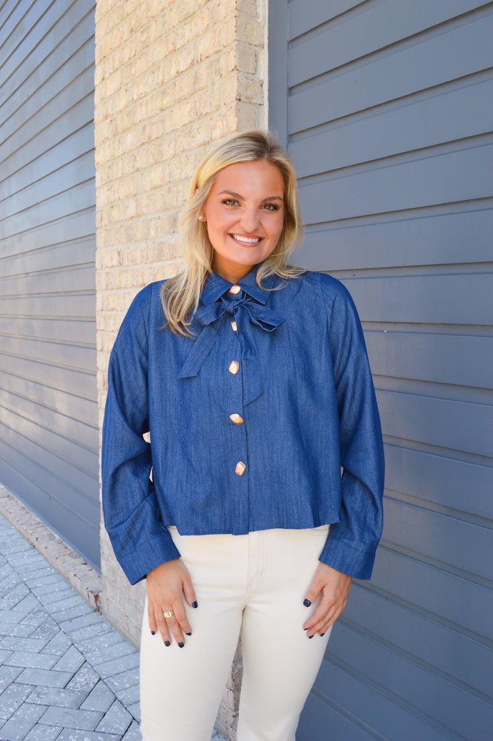 Denim Tie Neck Top