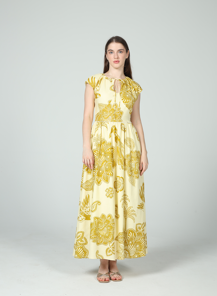 Yellow Botanical Cap Sleeve Maxi Dress