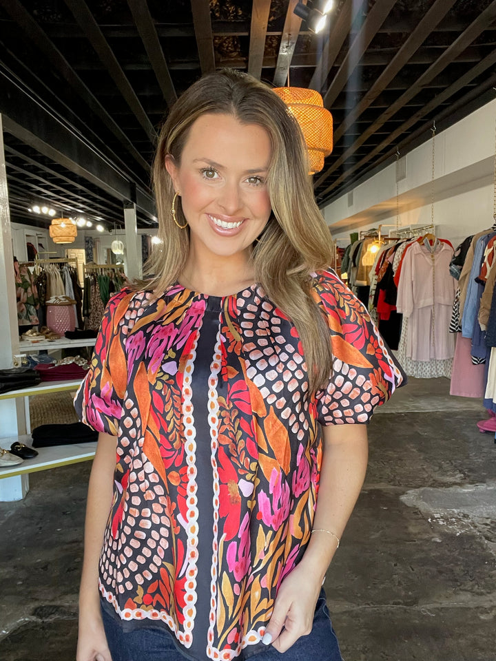 Paved Petals Pleated Puff Sleeve Top