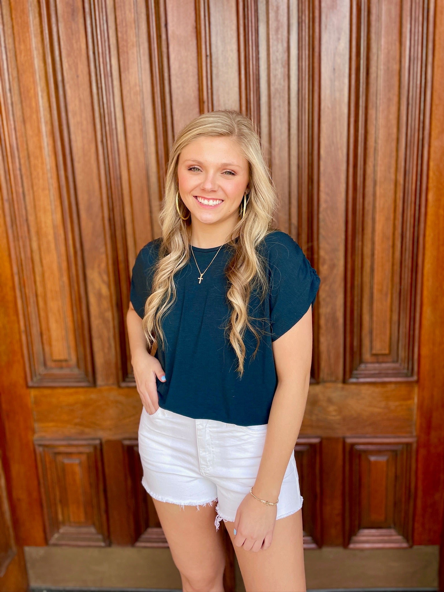 Navy Ruched Sleeve Top