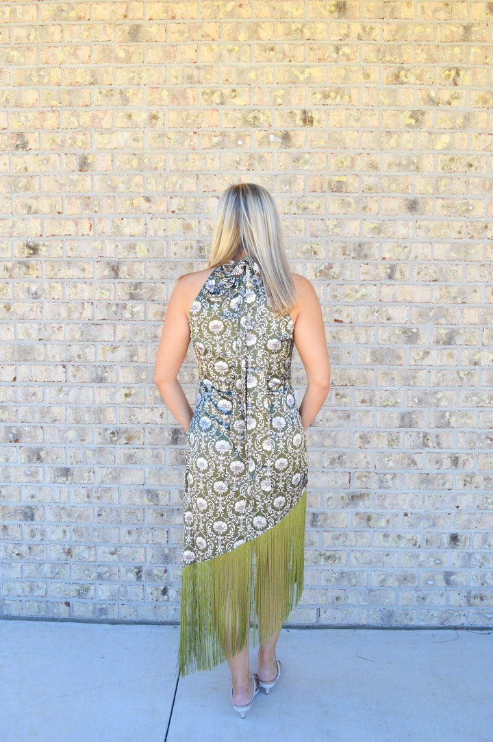 Floral Print Halter Fringe Midi Dress