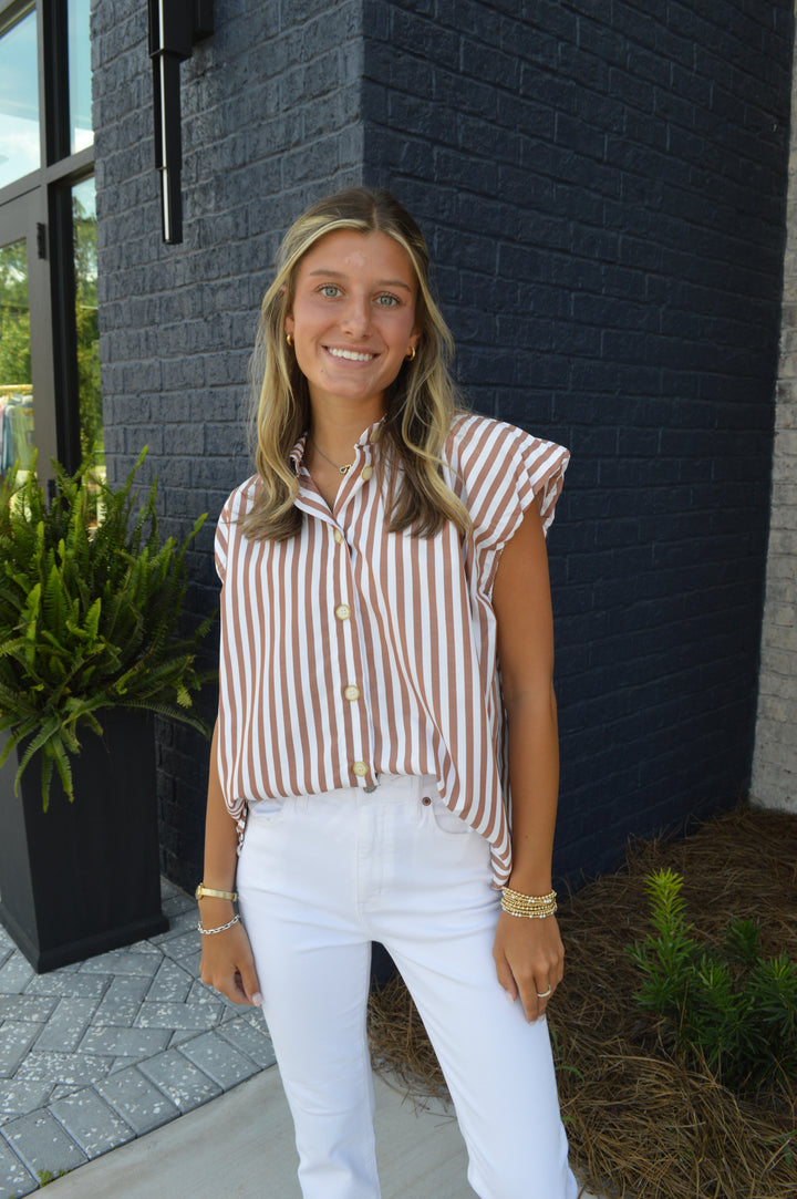 Brown Stripe Bubble Sleeve Top