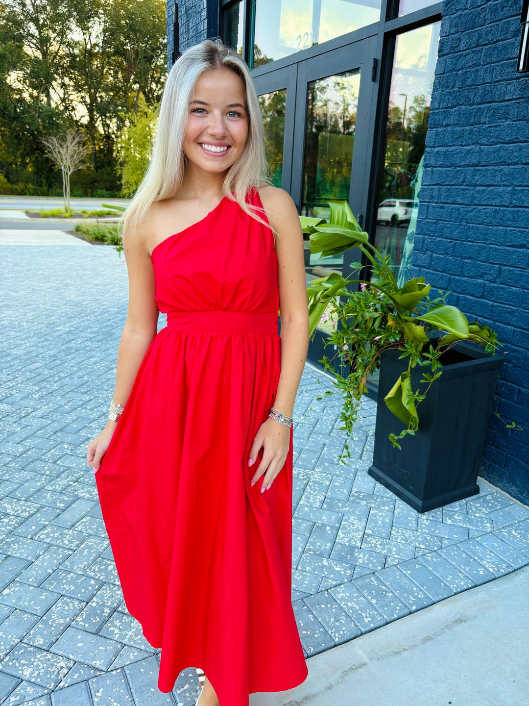 Red Poplin One Shoulder Maxi Dress