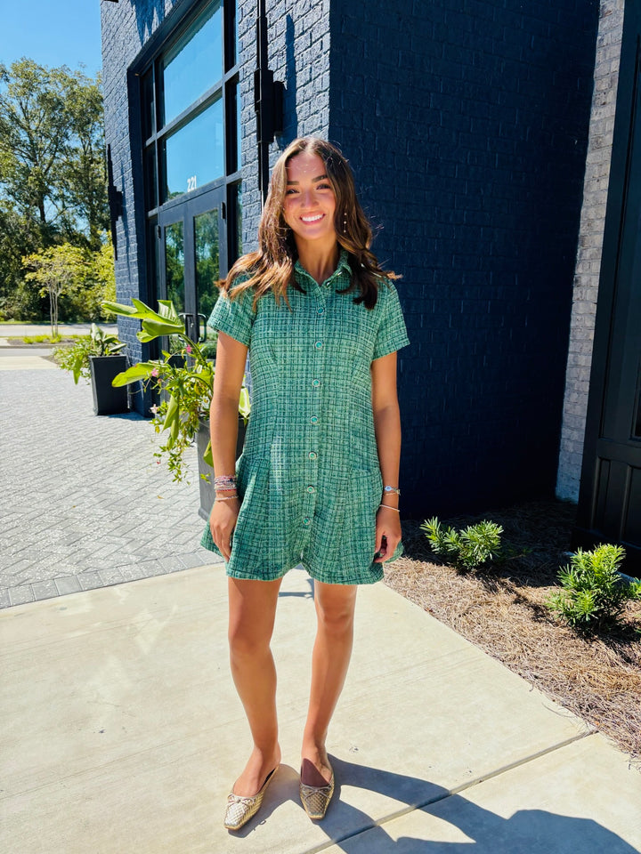 Green Pleated Hem Button Dress