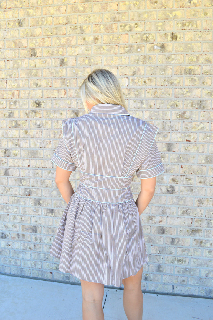 Brown Stripe Poplin Button Shirt Dress