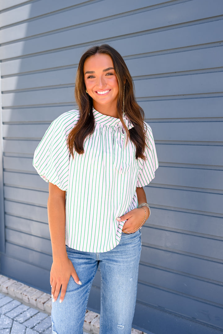 Pink Puff Sleeve Stripe Top
