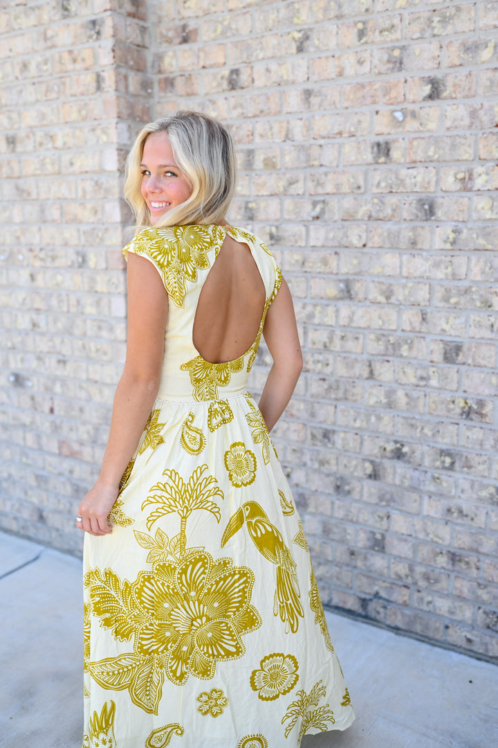 Yellow Botanical Cap Sleeve Maxi Dress