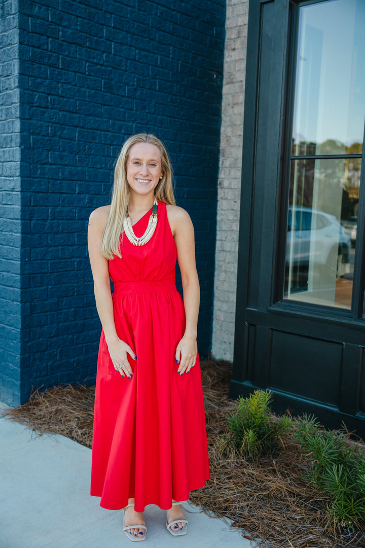 Red Poplin One Shoulder Maxi Dress