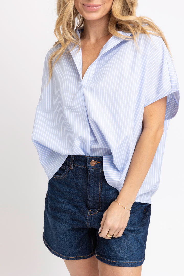 Blue Striped V-Neck Top