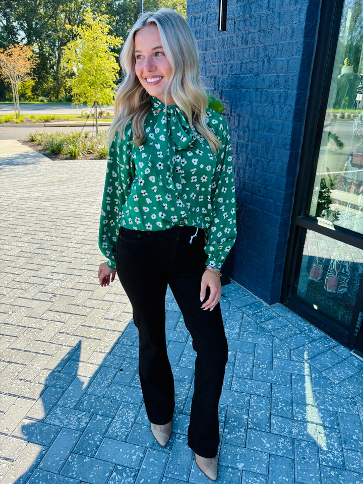 Green Floral Tie Blouse