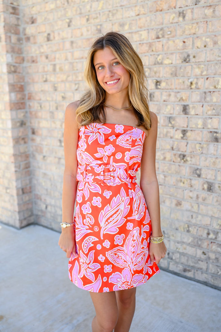 Orange Petal Strapless Mini Dress