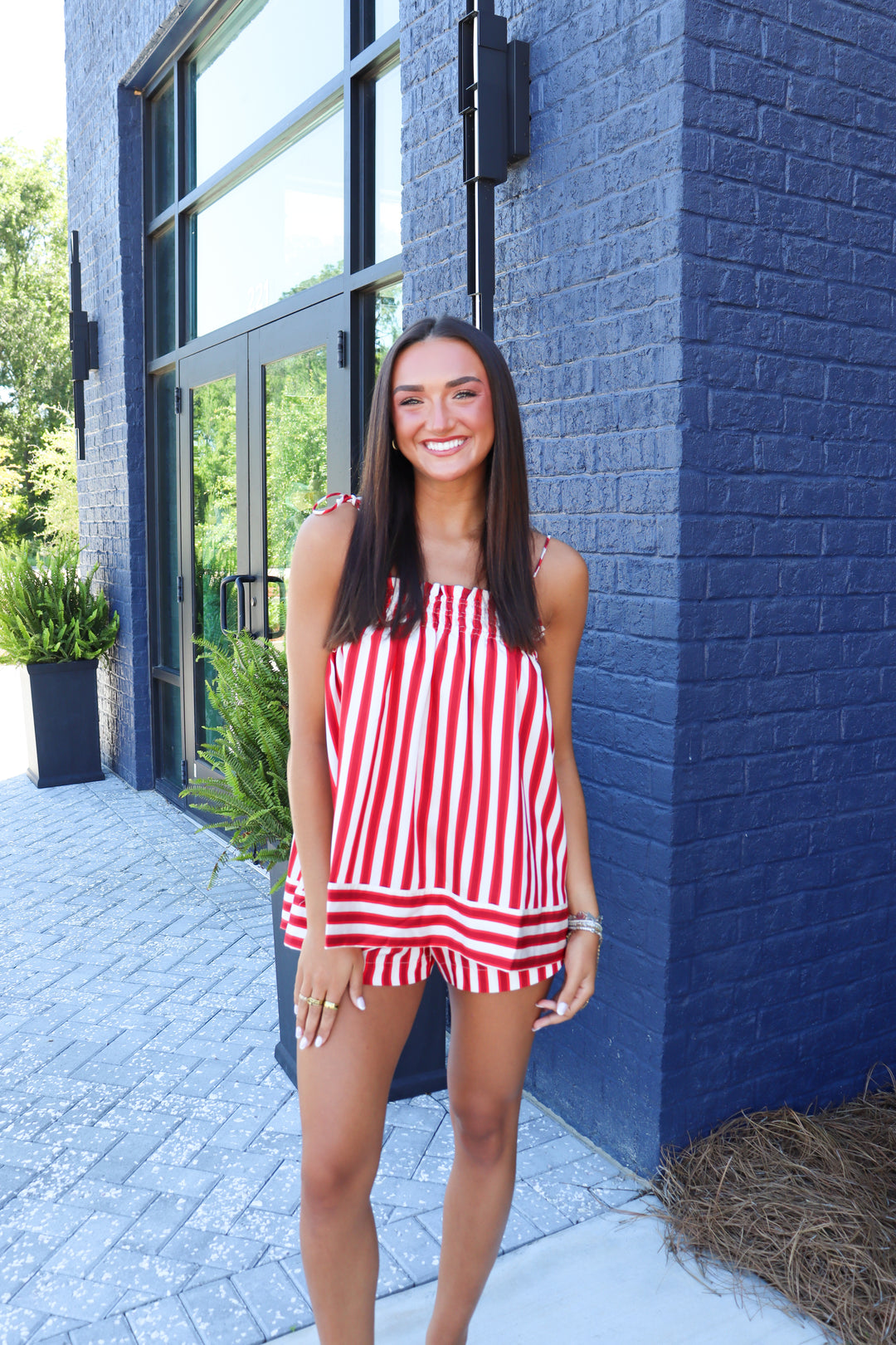 Red Stripe Shorts Set