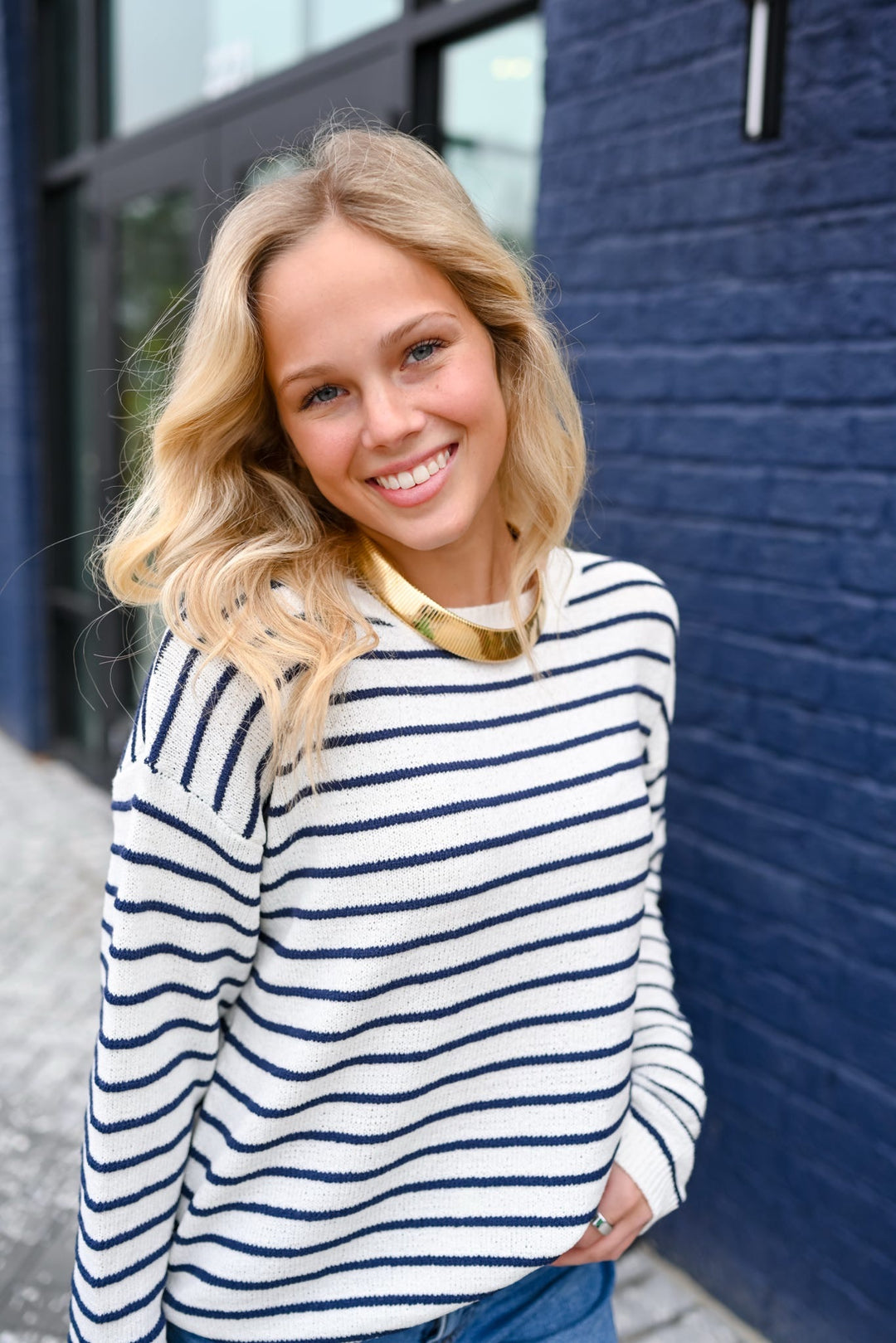 Off White Navy Striped Sweater