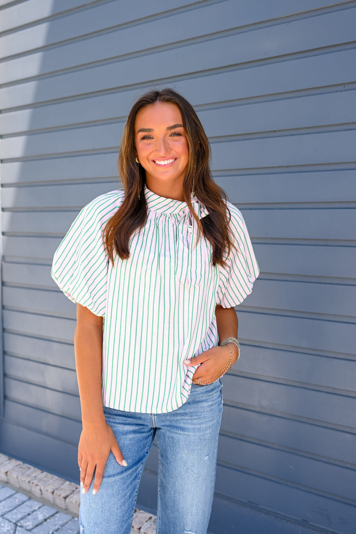 Pink Puff Sleeve Stripe Top