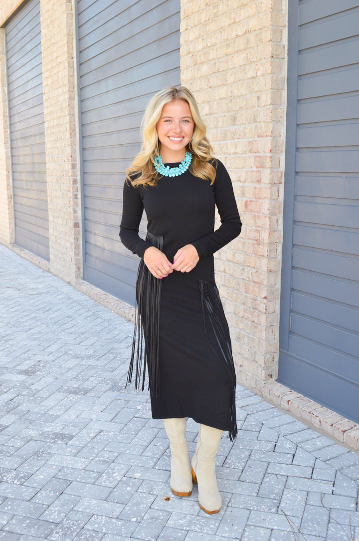 Black Fringe Long Sleeve Dress