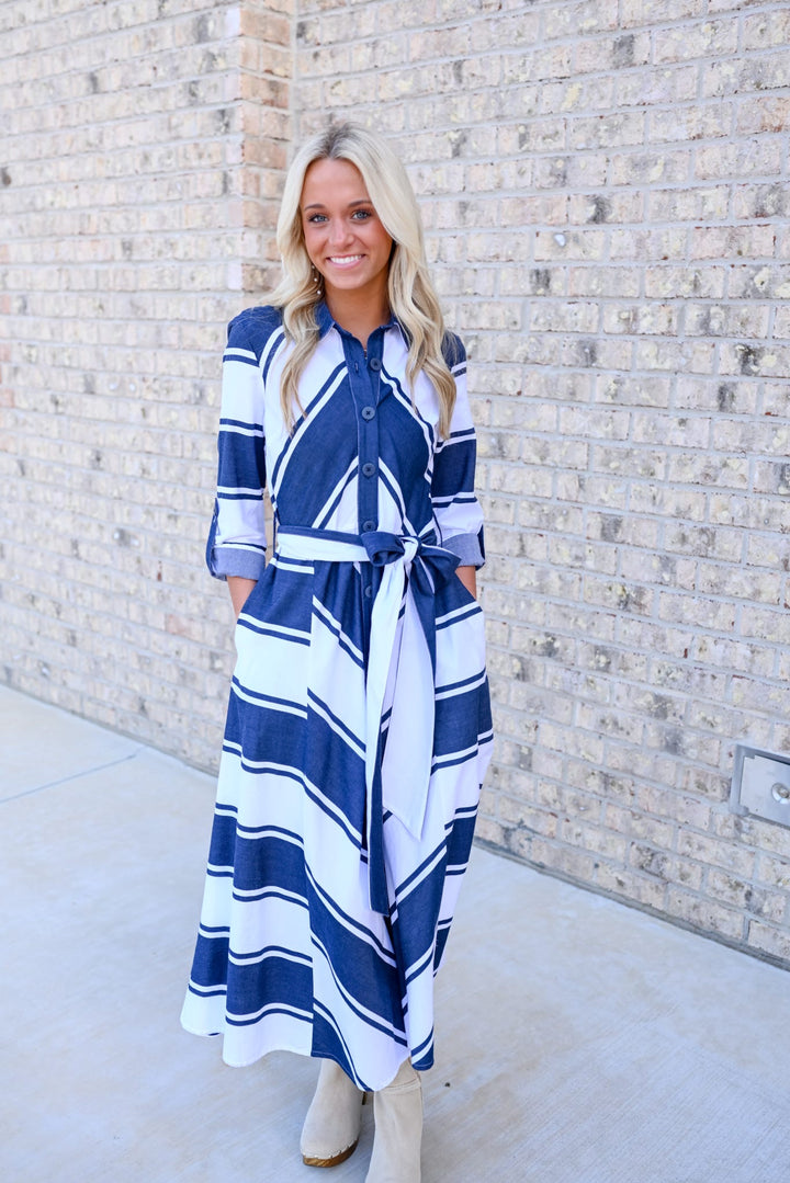 Navy Striped Midi Dress - Joseph Ribkoff