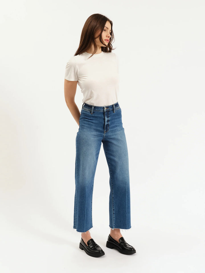 Pleaser High Rise Wide Ankle With Welt Pocket in Indigo Wave - Daze Denim