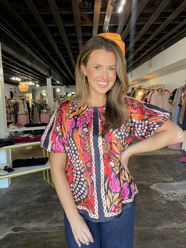 Paved Petals Pleated Puff Sleeve Top