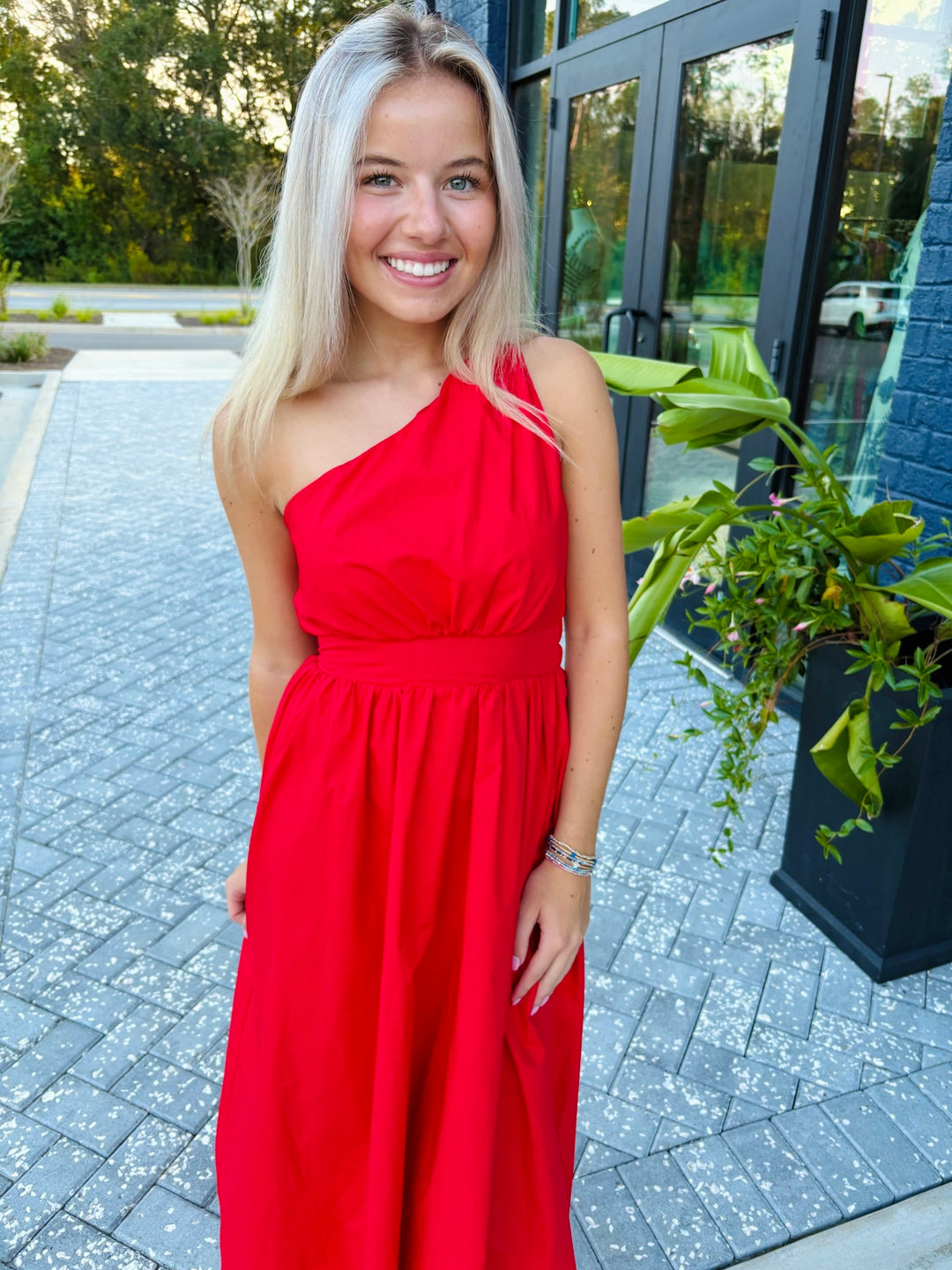Red Poplin One Shoulder Maxi Dress