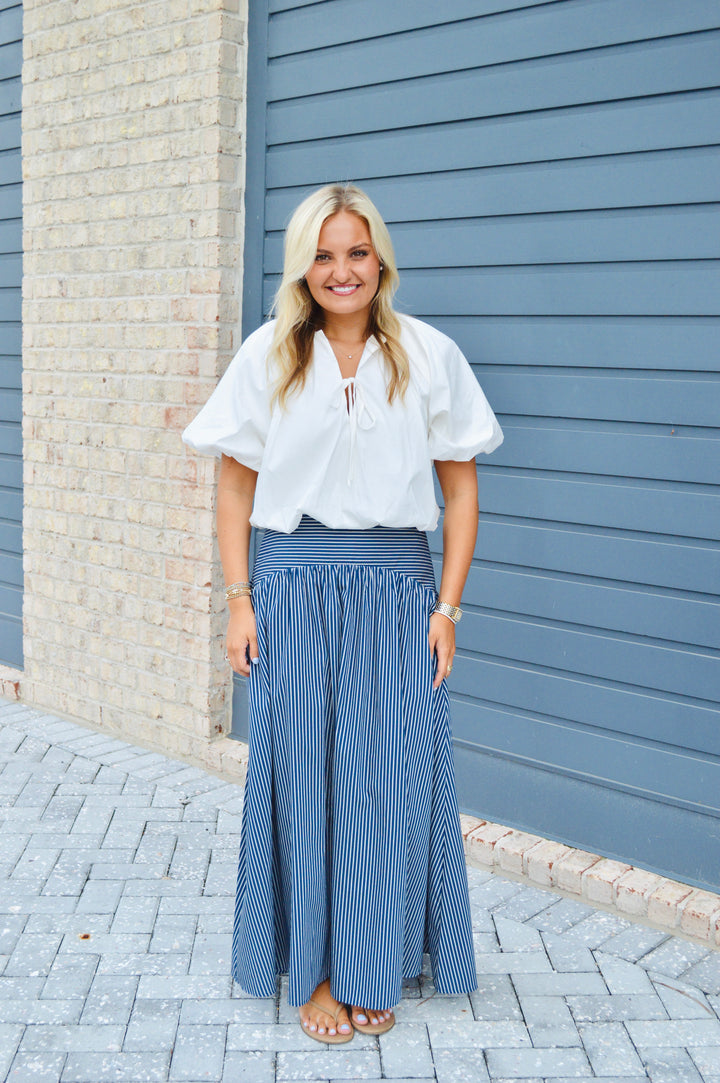 Blue Stripe Curved Maxi Skirt