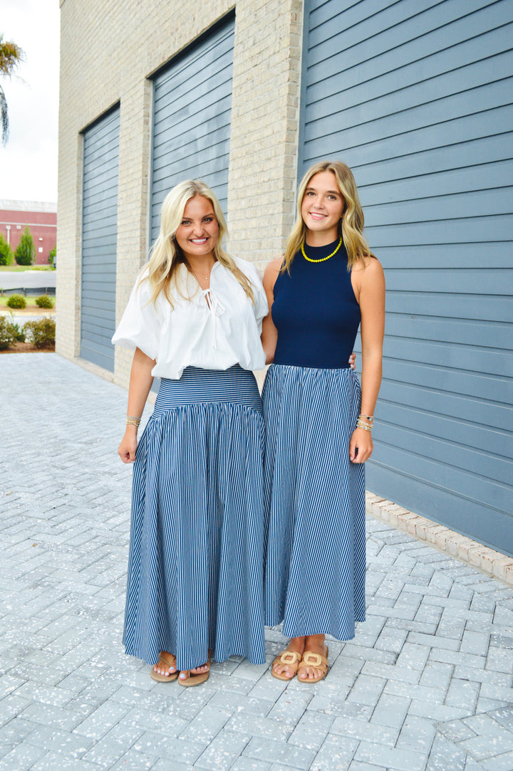Blue Stripe Mock Neck Maxi Dress