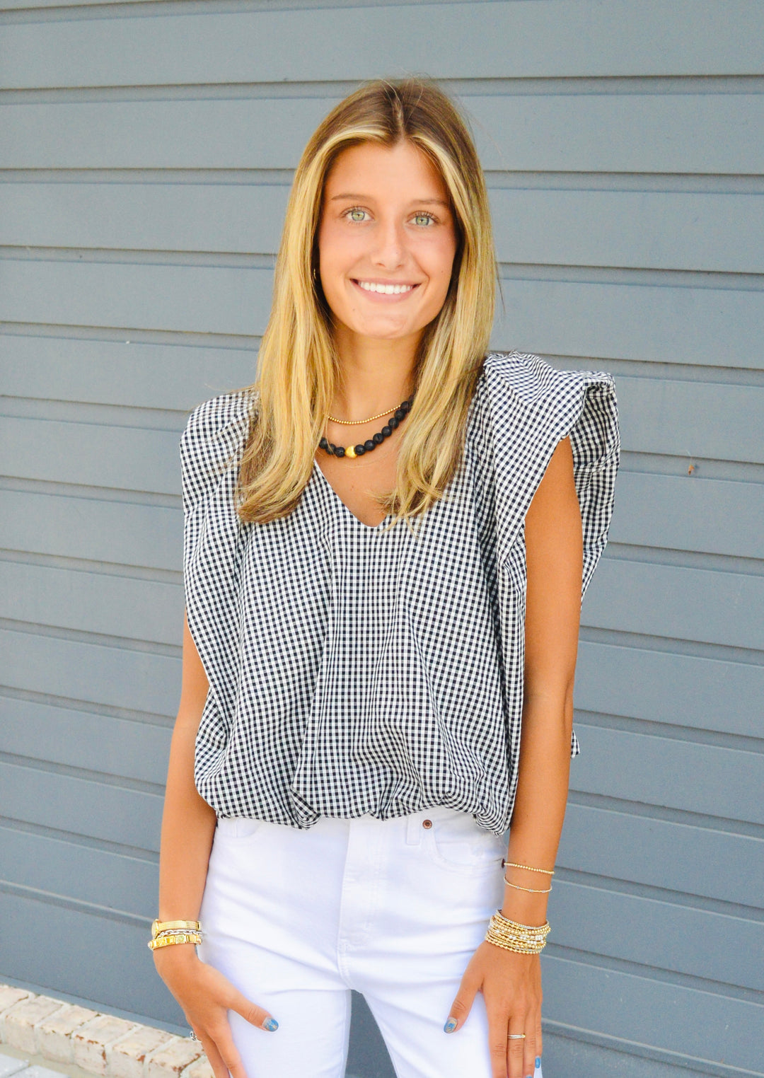 Poplin V-Neck Gingham Sleeveless Top