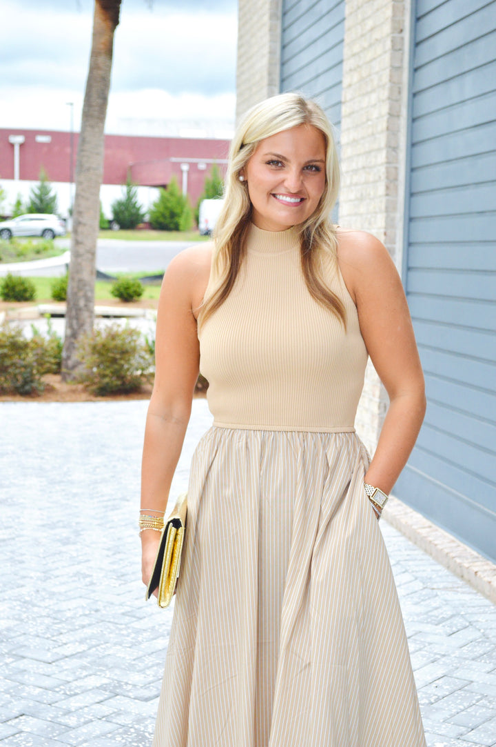 Tan Stripe Mock Neck Maxi Dress
