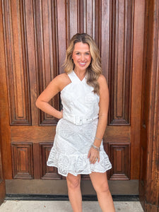 White Eyelet Belt Dress