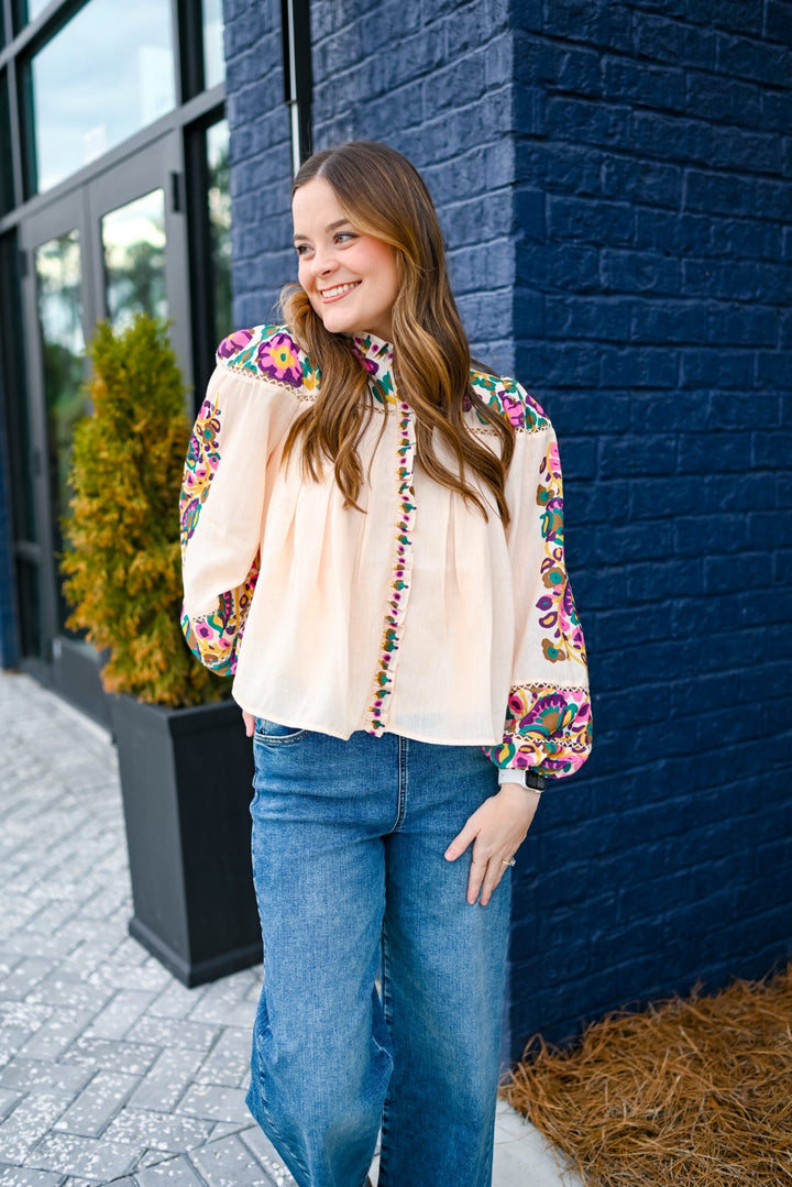 Printed Ruffle Blouse with Trim