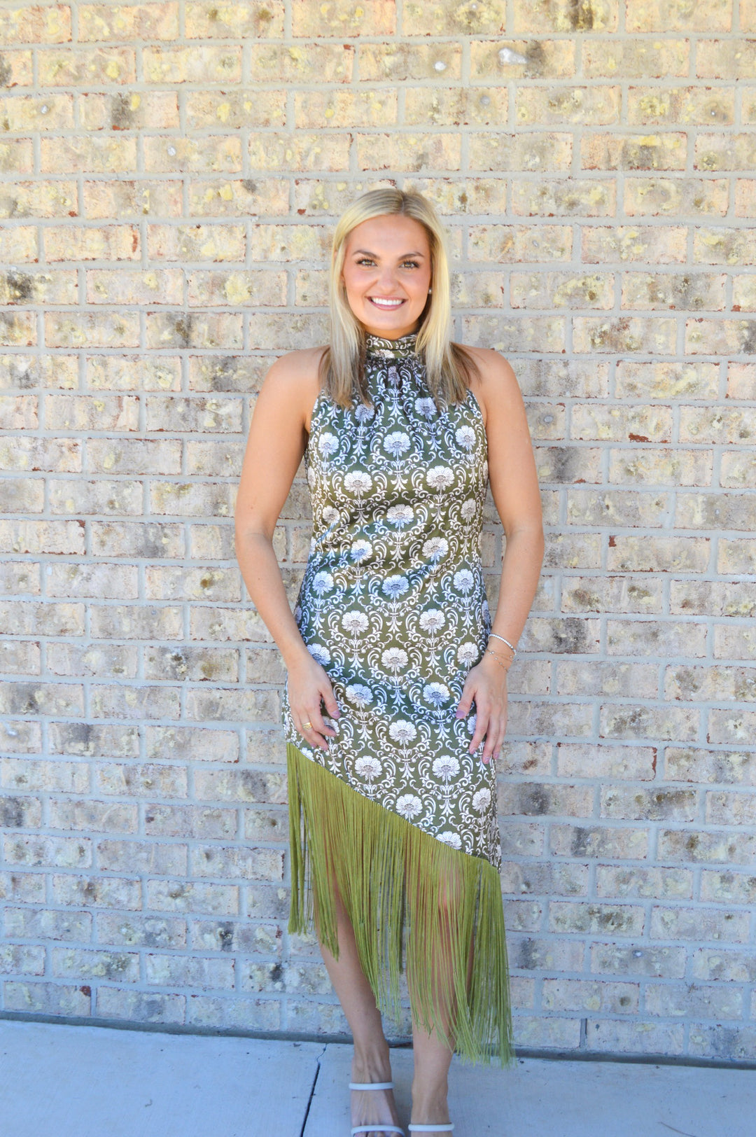 Floral Print Halter Fringe Midi Dress