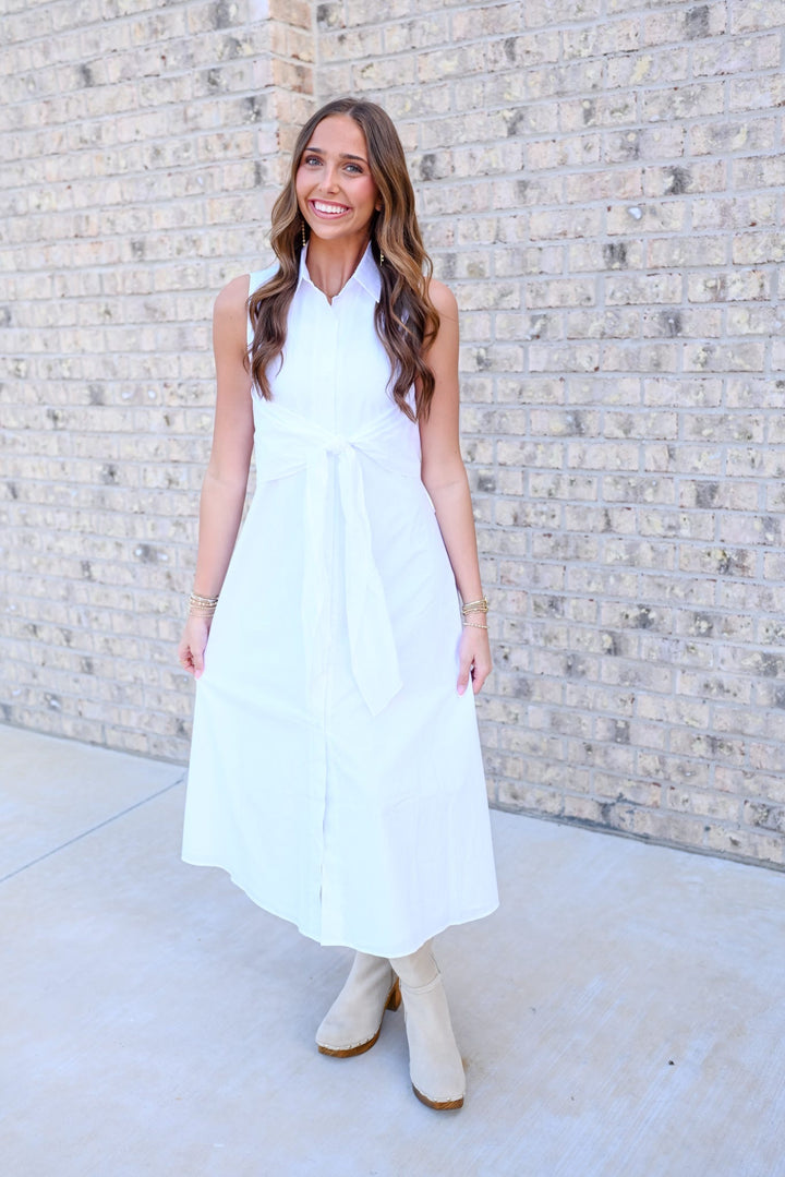 White Poplin Tie Midi Dress
