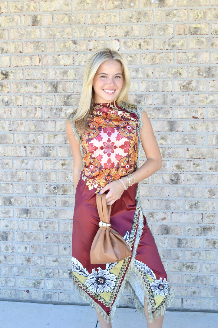 Fringe-Trim Floral Shift Dress