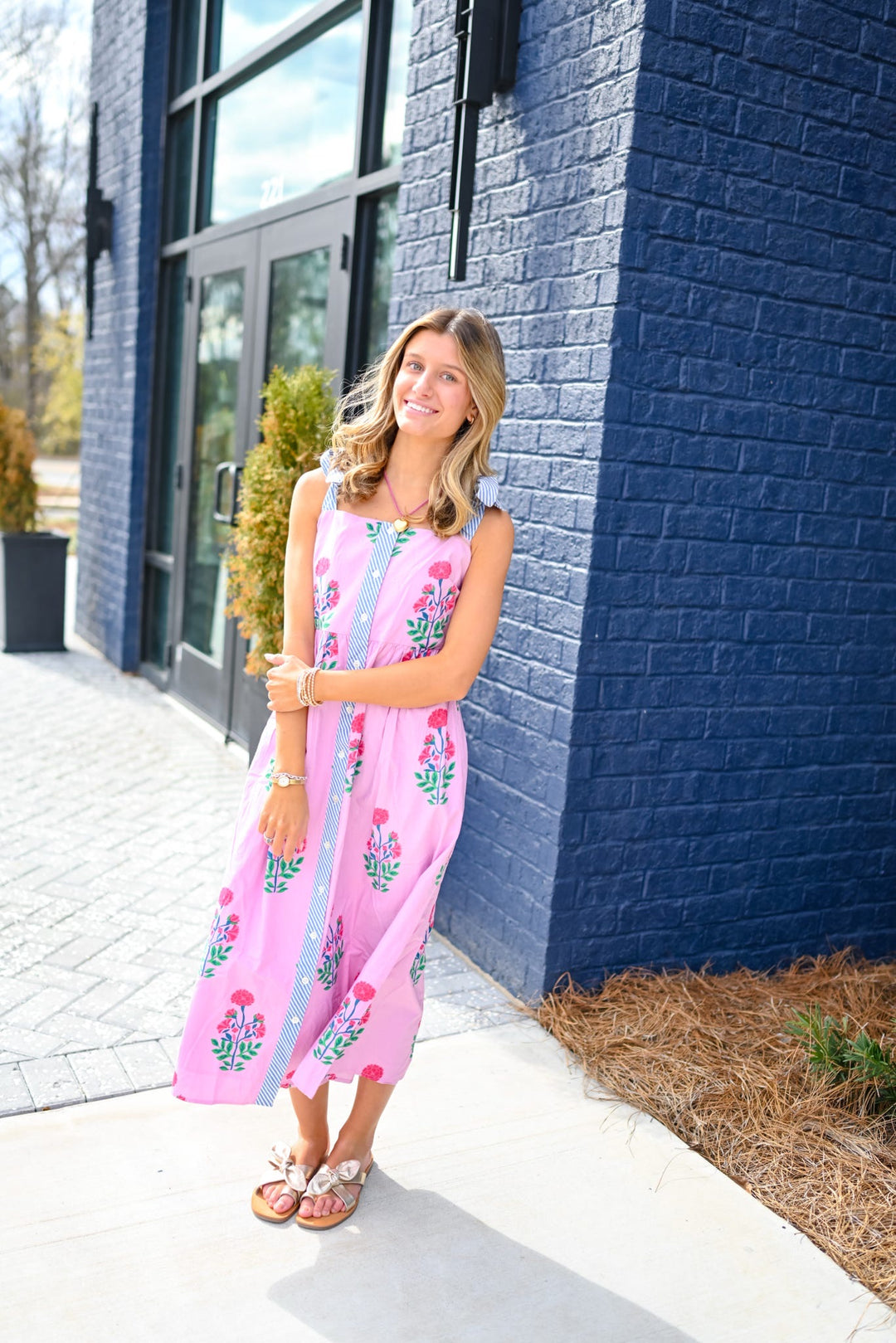 Pink Floral Tie Strap Midi Dress