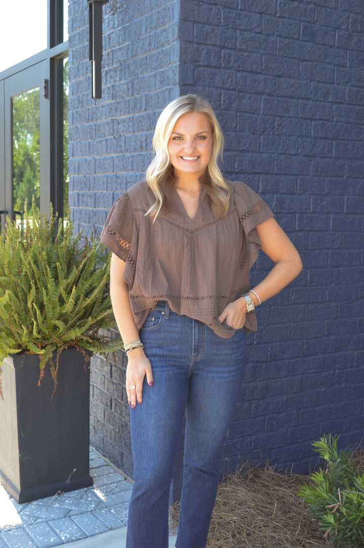 Brown Flutter Sleeve Top