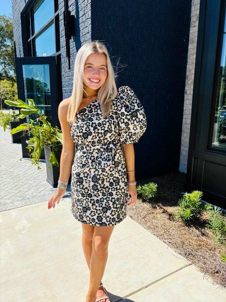 Black Jacquard One Shoulder Dress