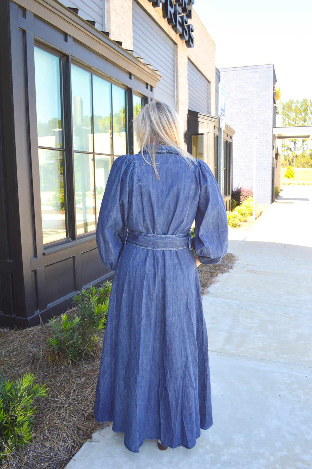 Denim Puff Slv Maxi Dress W/Belt