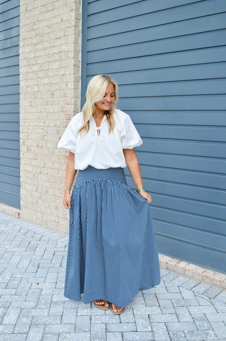 Blue Stripe Curved Maxi Skirt