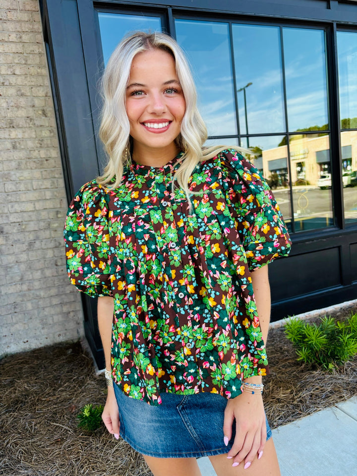 Floral Pleated Short Sleeve Top
